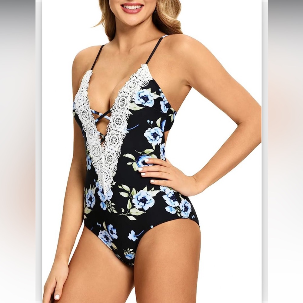 🔥Modihito Women's Tummy Control One Piece Swimsuit Vintage Lace V Neck Swimwear